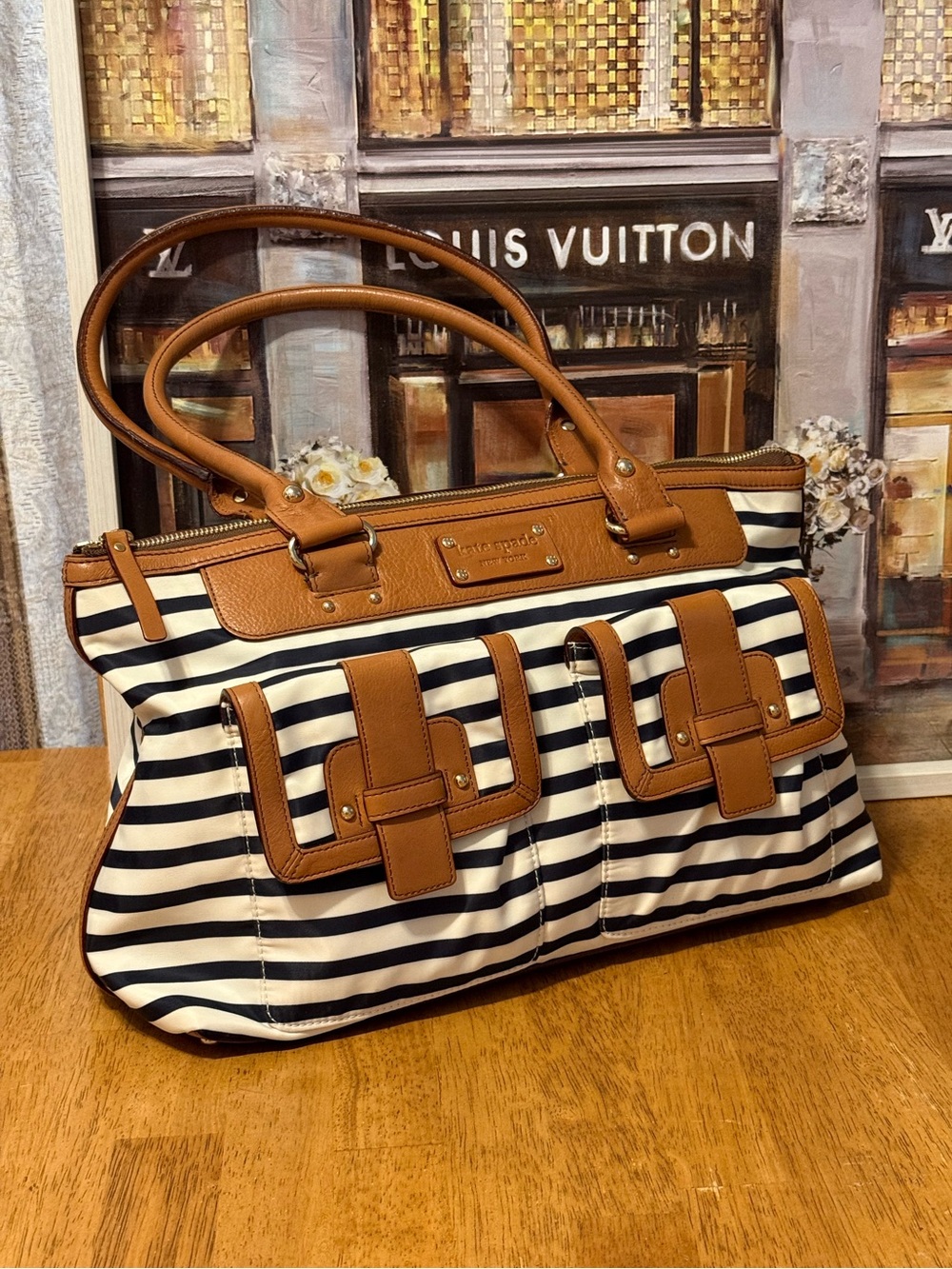 kate spade Navy and White Striped Tote with Tan Trim and Front Pocket Details